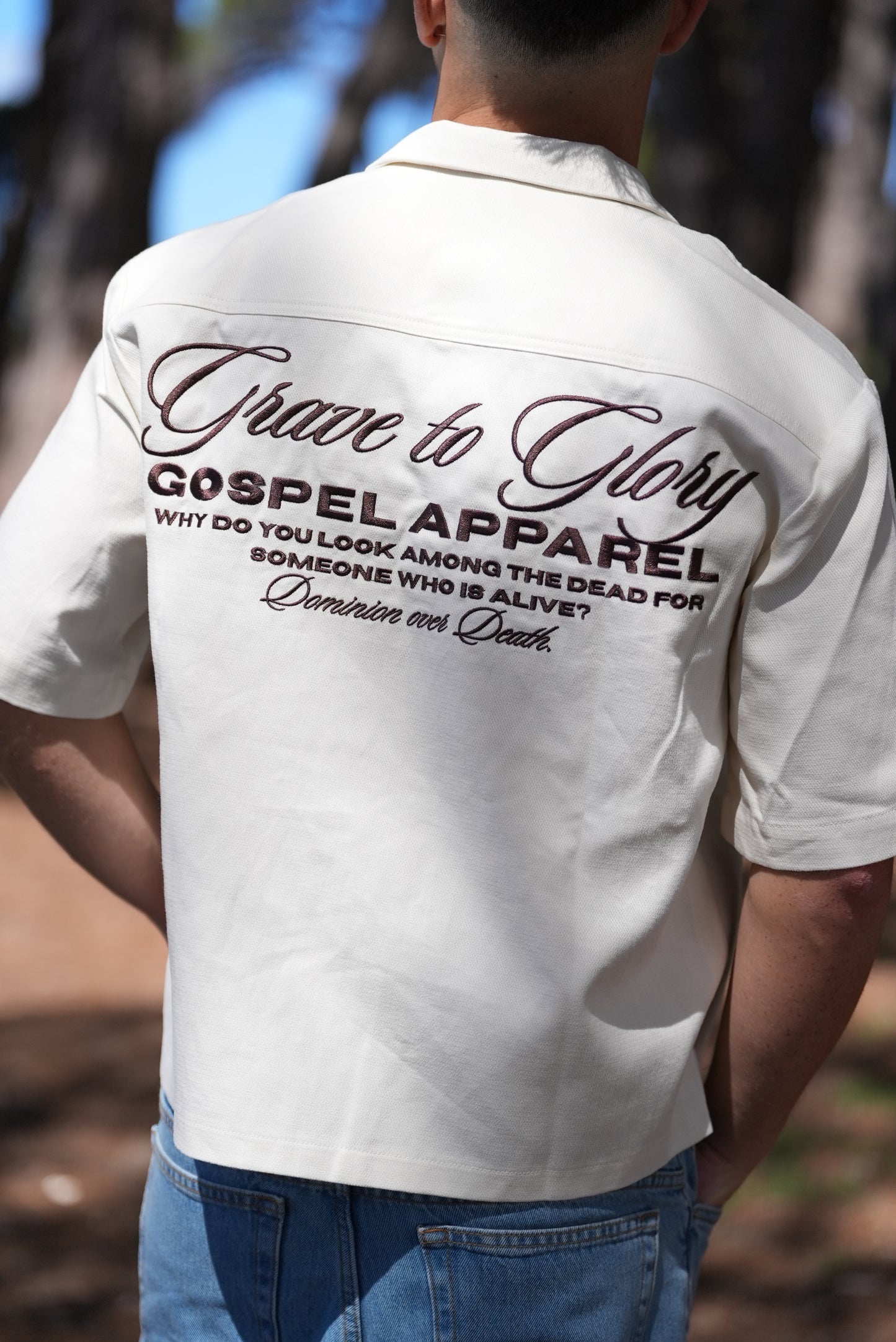 GOSPEL APAREL - BEIGE GRAVE TO GLORY BUTTON UP