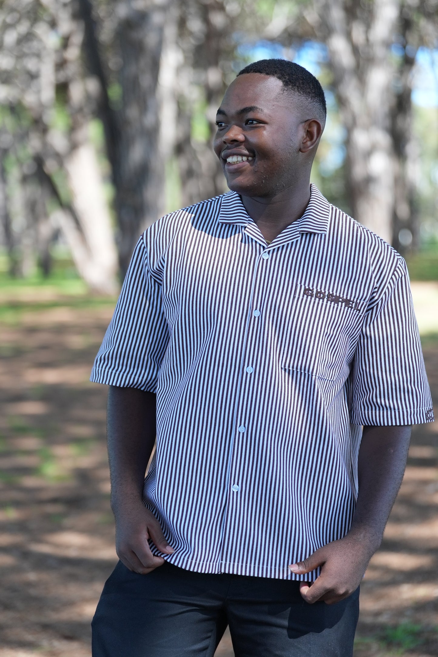 GOSPEL APPAREL - BROWN STRIPE GRAVE TO GLORY BUTTON UP