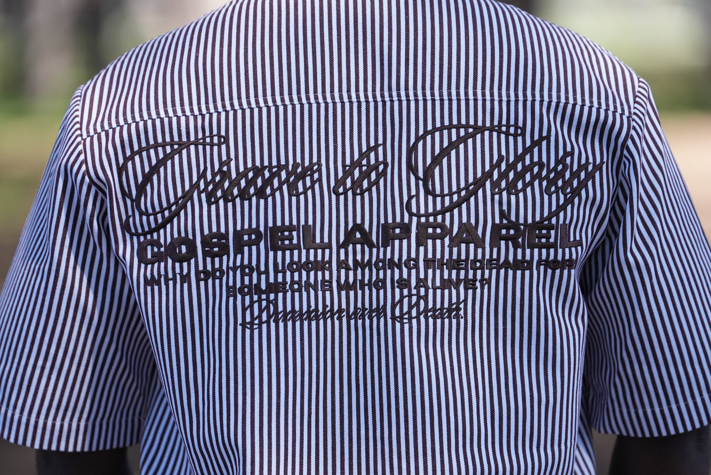 GOSPEL APPAREL - BROWN STRIPE GRAVE TO GLORY BUTTON UP