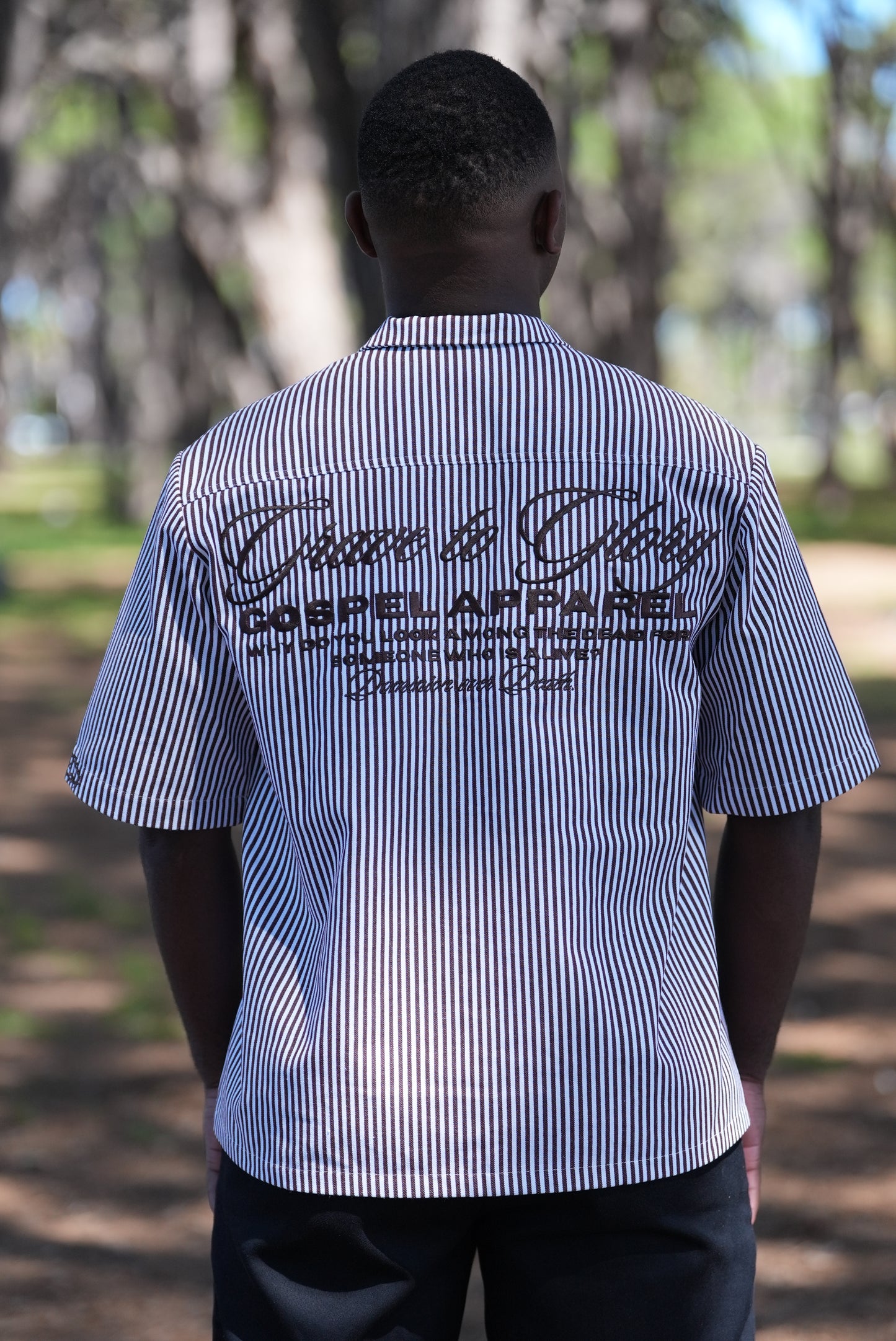 GOSPEL APPAREL - BROWN STRIPE GRAVE TO GLORY BUTTON UP