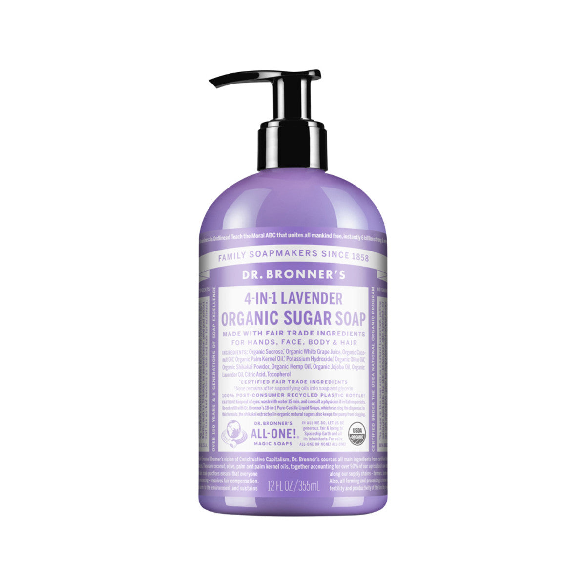 Dr. Bronner's Organic Sugar Soap  4-in-1 Lavender (pump) 355ml - Cutprice Online