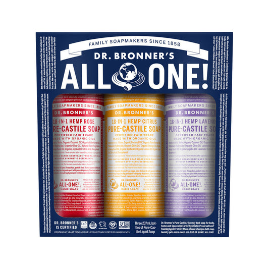 Dr. Bronner's Pure-Castile Soap Liquid (Hemp 18-in-1) Carnival 3 x 237ml Pack (contains: Rose, Citrus & Lavender) - Cutprice Online