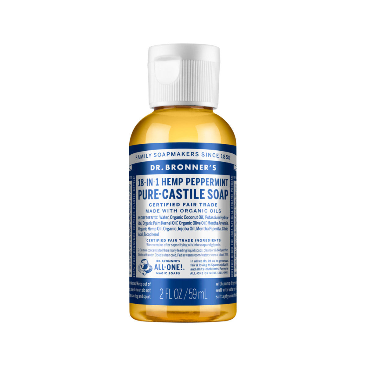 Dr. Bronner's Pure-Castile Soap Liquid (Hemp 18-in-1) Peppermint 59ml - Cutprice Online