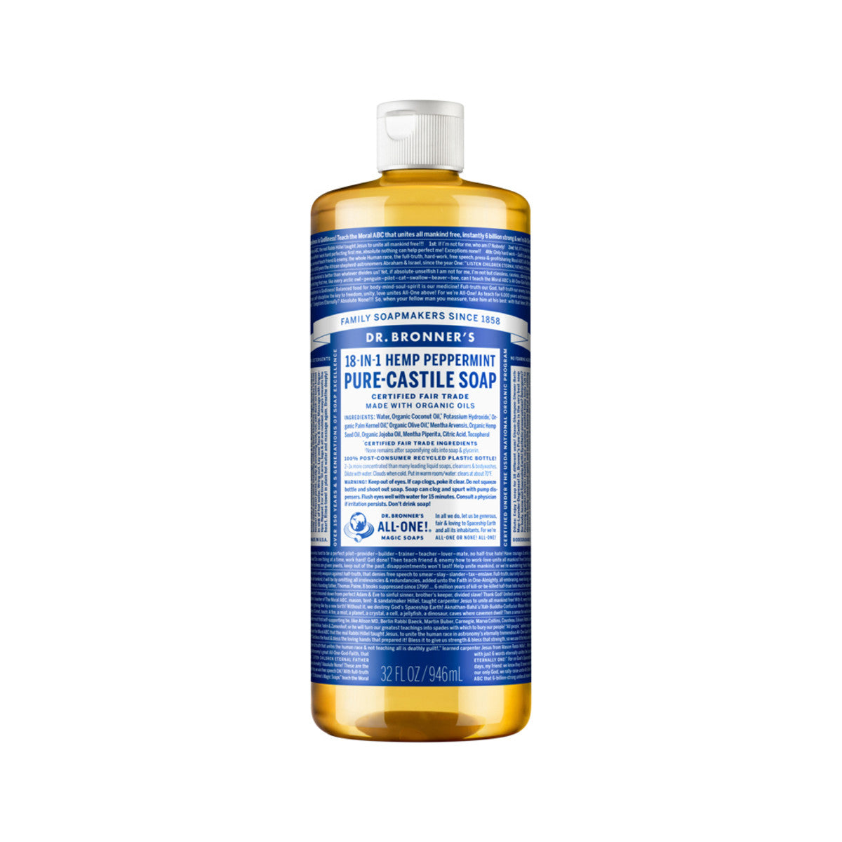Dr. Bronner's Pure-Castile Soap Liquid (Hemp 18-in-1) Peppermint 946ml - Cutprice Online