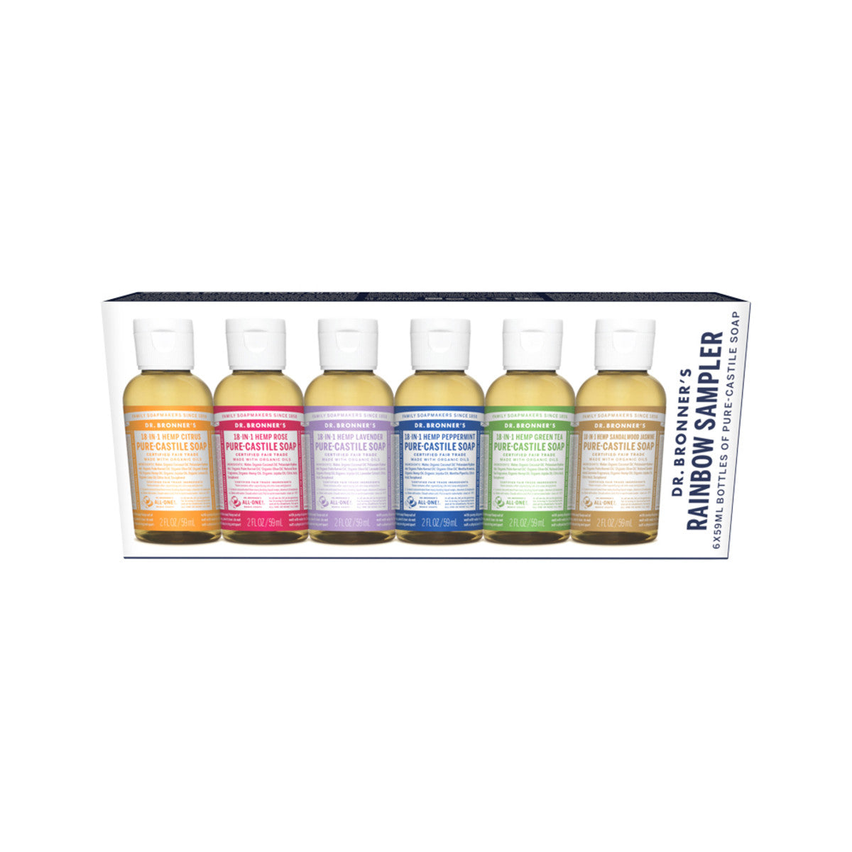Dr. Bronner's Pure-Castile Soap Liquid (Hemp 18-in-1) Rainbow Sampler 59ml x 6 Pack - Cutprice Online