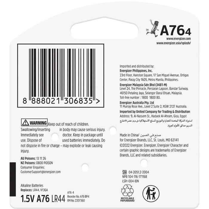Energizer A76 Silver Oxide Button Battery 4 Pack - Cutprice Online