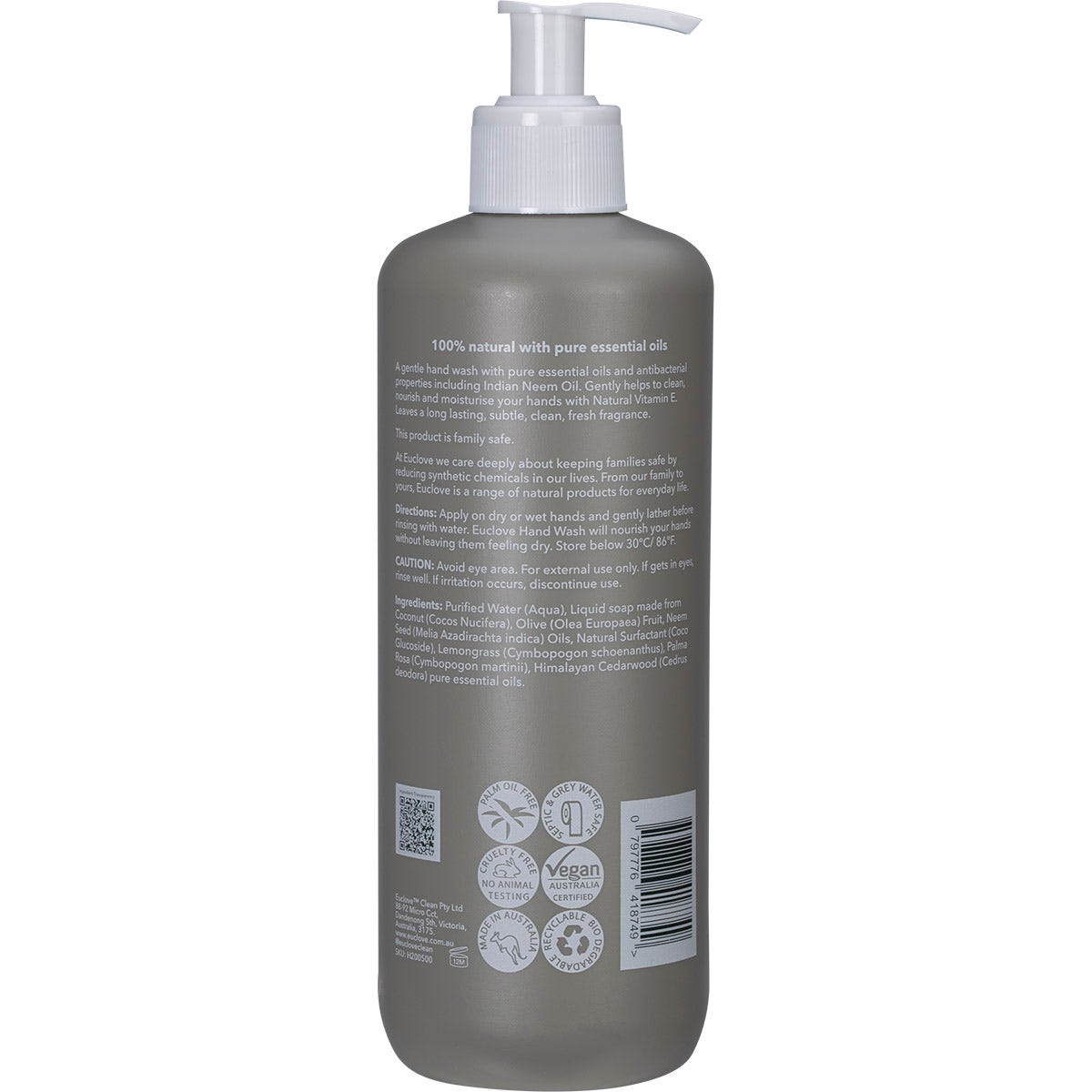 Euclove Hand Wash Lemongrass, Palmarosa & Cedarwood Pump 500ml EUCLOVE