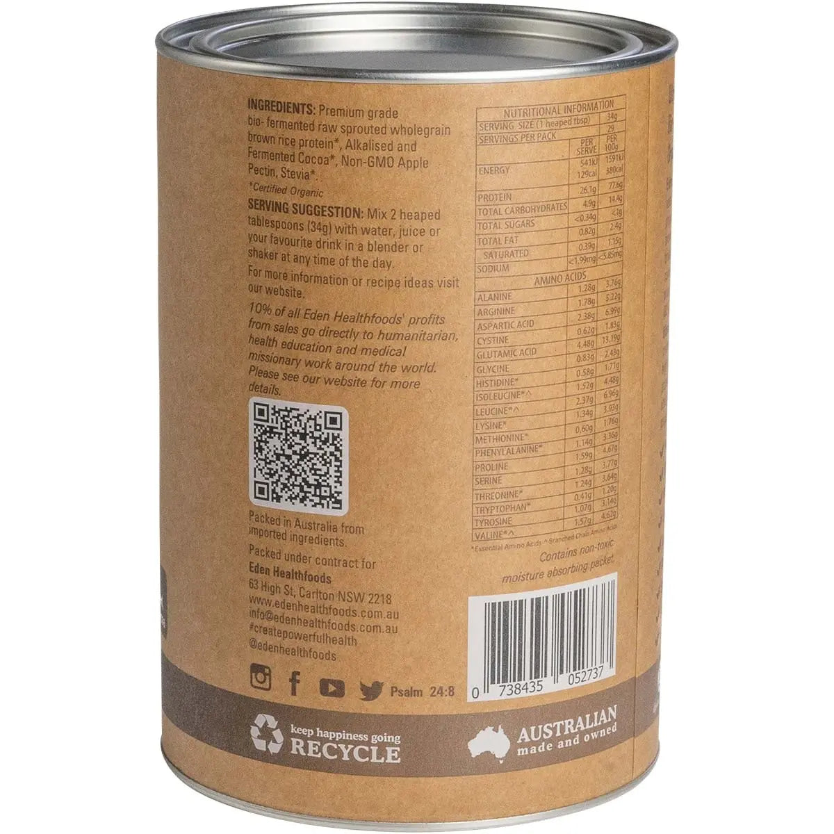 EDEN HEALTHFOODS Ultimate Protein Sprouted Brown Rice - Chocolate 1kg EDEN HEALTHFOODS