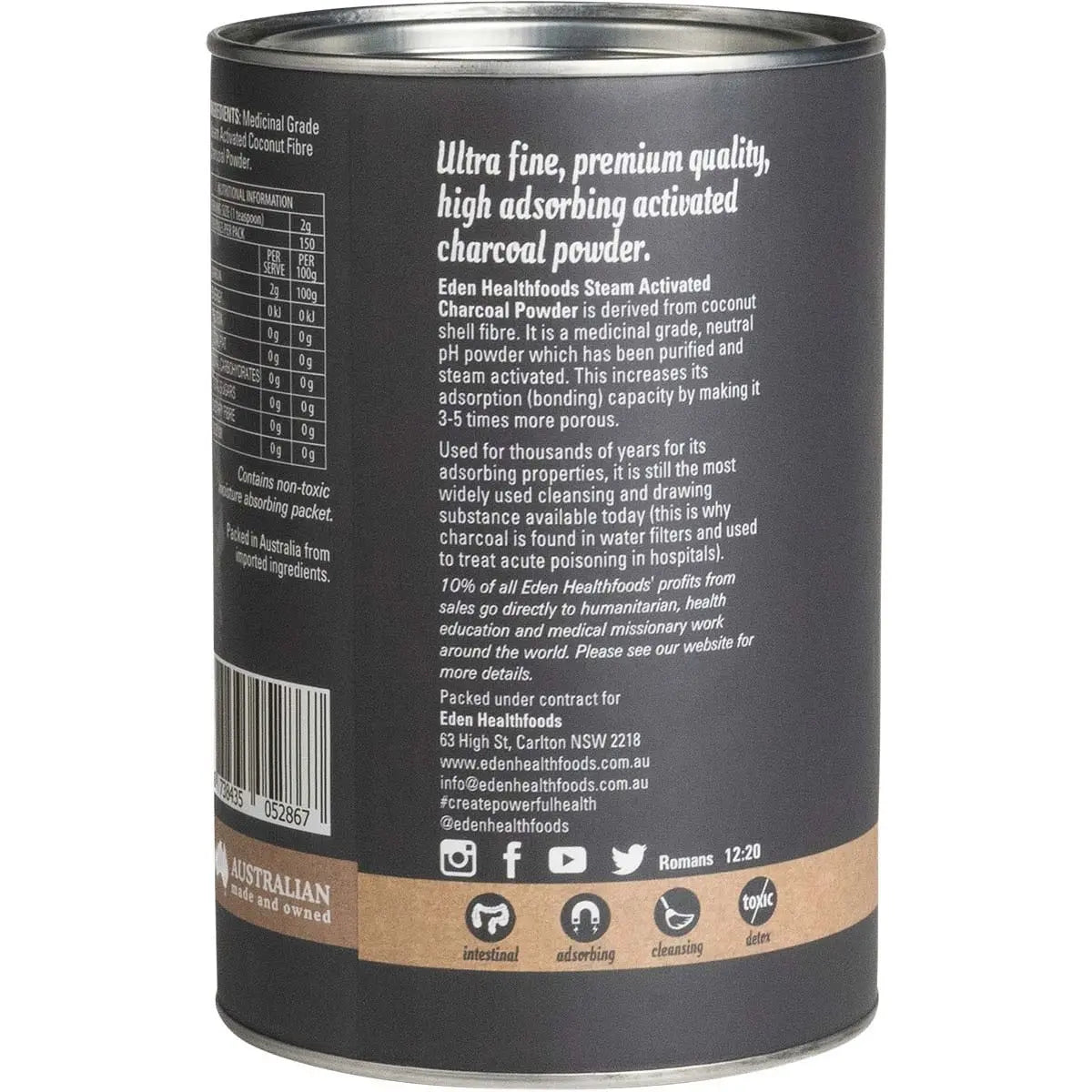 EDEN HEALTHFOODS Activated Charcoal Steam Activated Charcoal Powder 300g EDEN HEALTHFOODS