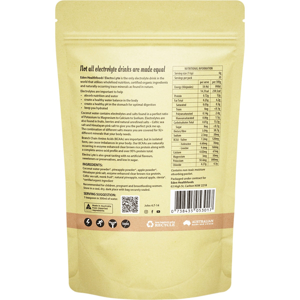 EDEN HEALTHFOODS Electralyte Pineapple and Apple with Celtic Sea Salt 180g - Cutprice Online