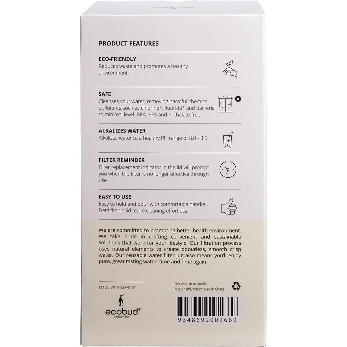 ECOBUD Gentoo Plastic Water Filter Jug White 1.5L ECOBUD