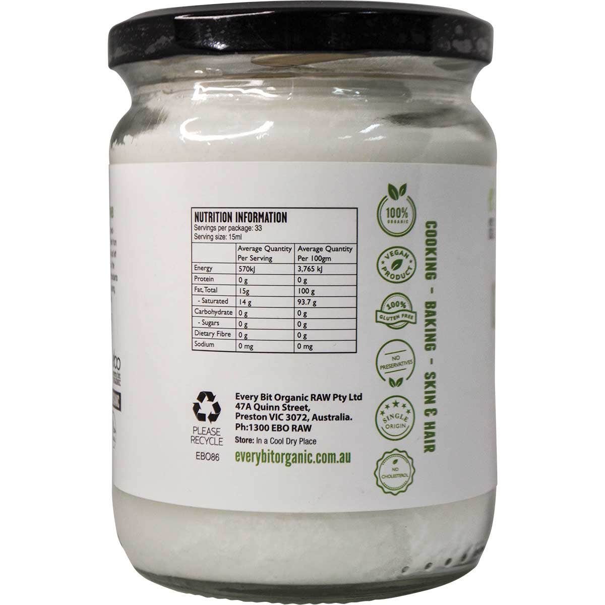 EVERY BIT ORGANIC Coconut Oil Virgin & Unrefined 500ml - Cutprice Online