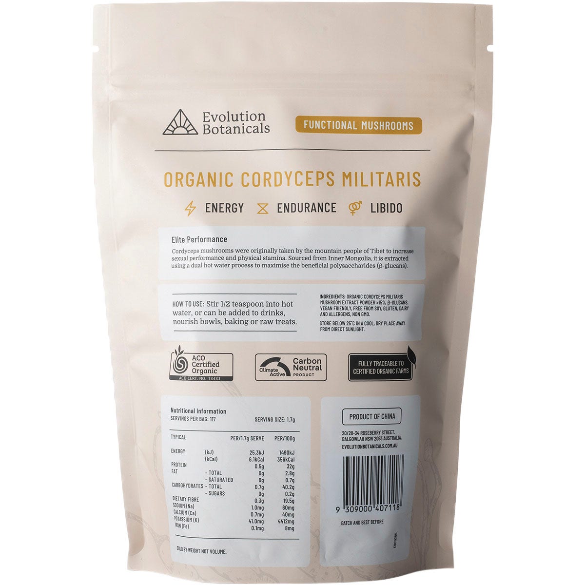 EVOLUTION BOTANICALS Organic Cordyceps Militaris Elite Performance 200g - Cutprice Online
