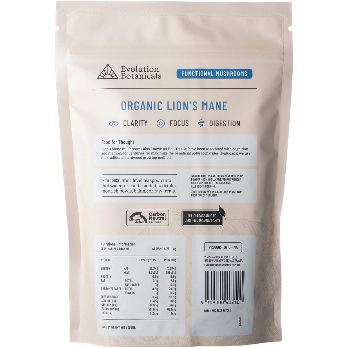 EVOLUTION BOTANICALS Organic Lion's Mane Food For Thought 200g - Cutprice Online