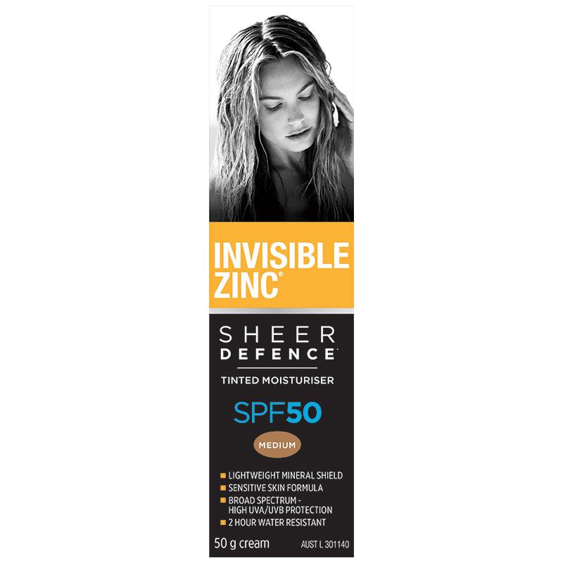 Invisible Zinc SPF 50+ Sheer Defence Tinted Moisturiser Medium 50g - Cutprice Online