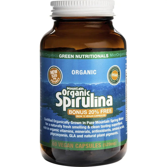 Green Nutritionals Mountain Organic Spirulina Vegan Capsules (520mg) 60 GREEN NUTRITIONALS