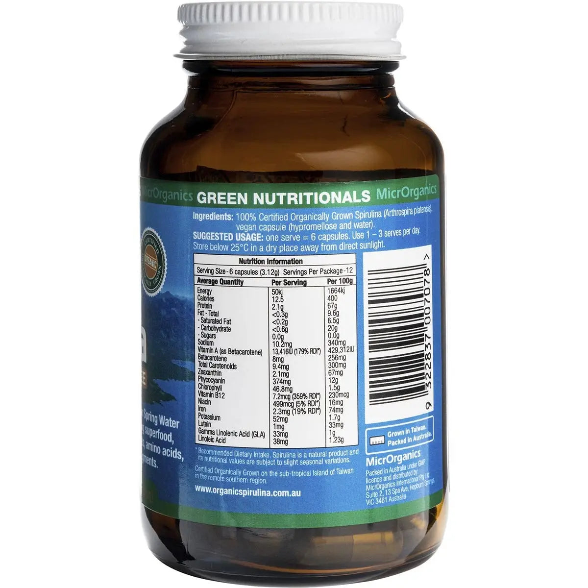 Green Nutritionals Mountain Organic Spirulina Vegan Capsules (520mg) 60 GREEN NUTRITIONALS