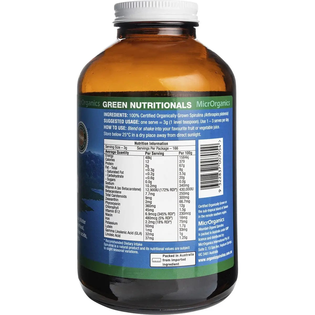 Green Nutritionals Mountain Organic Spirulina Powder 500g GREEN NUTRITIONALS