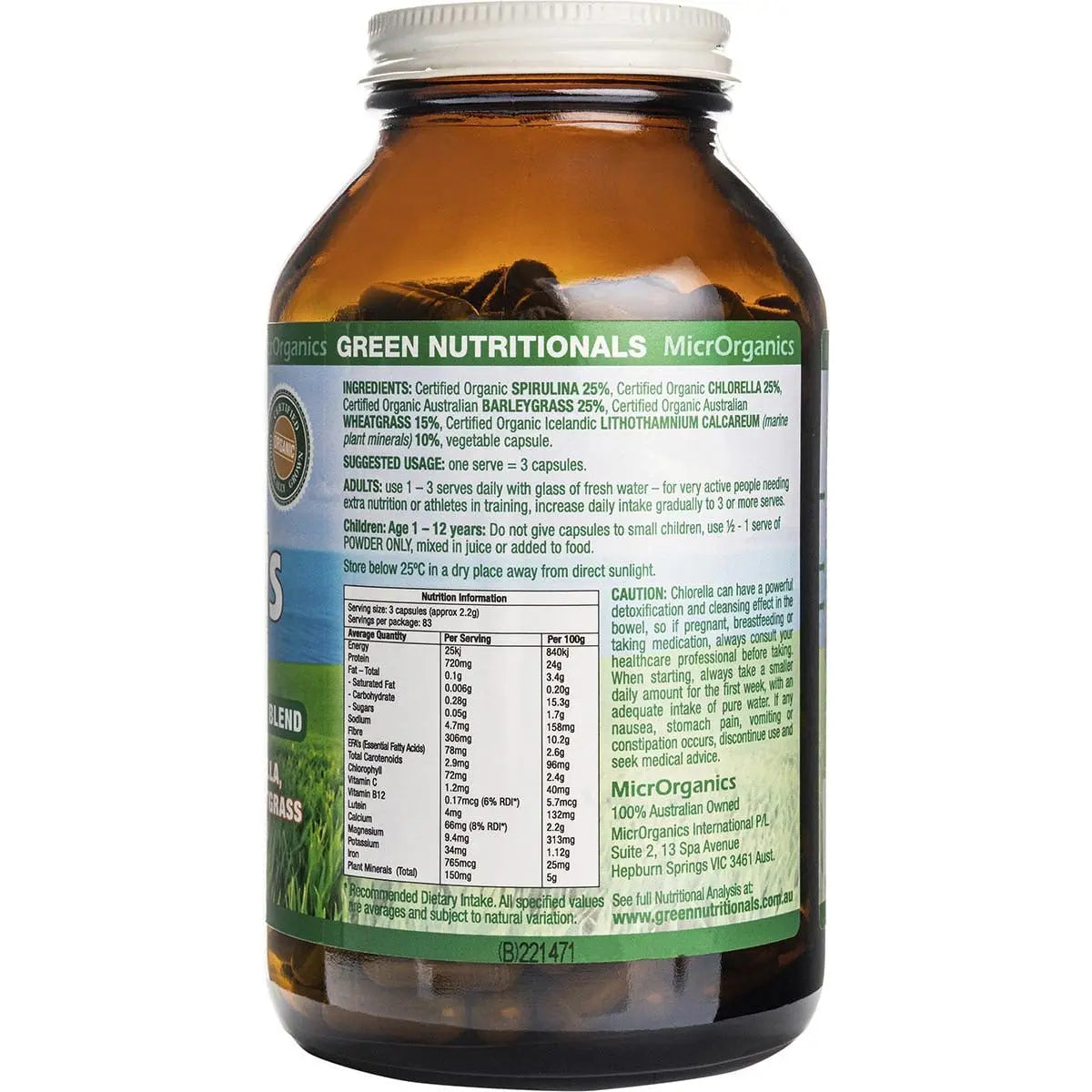 Green Nutritionals Organic Green Superfoods Vegan Capsules (600mg) 250 GREEN NUTRITIONALS