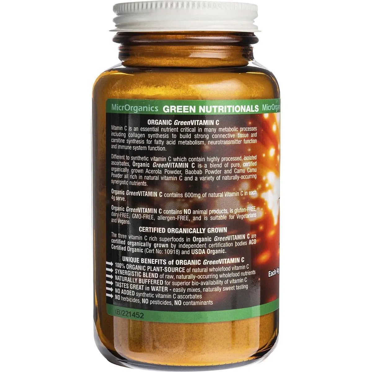 Green Nutritionals Organic Green Vitamin C Powder (600mg) 100g GREEN NUTRITIONALS