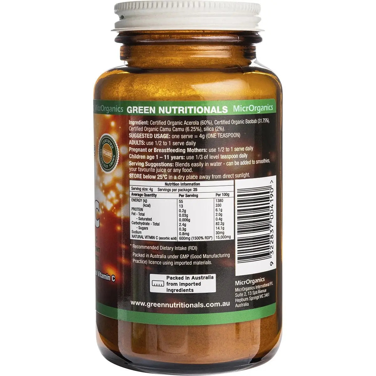 Green Nutritionals Organic Green Vitamin C Powder (600mg) 100g GREEN NUTRITIONALS
