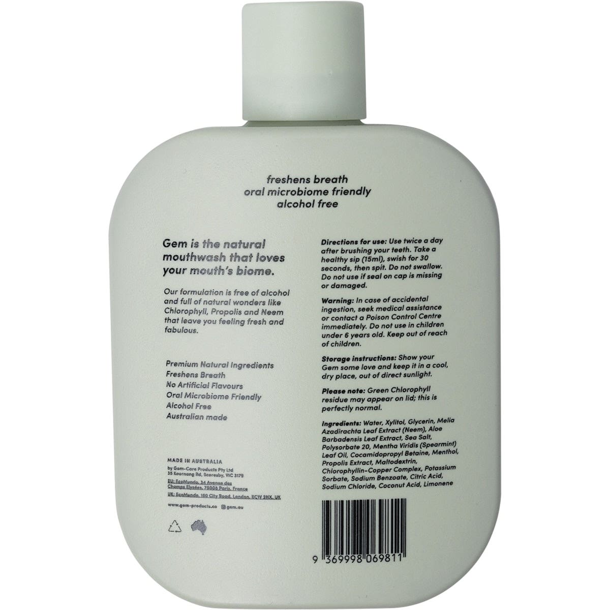 GEM Mouthwash - Premium Natural Crisp Mint 500ml GEM