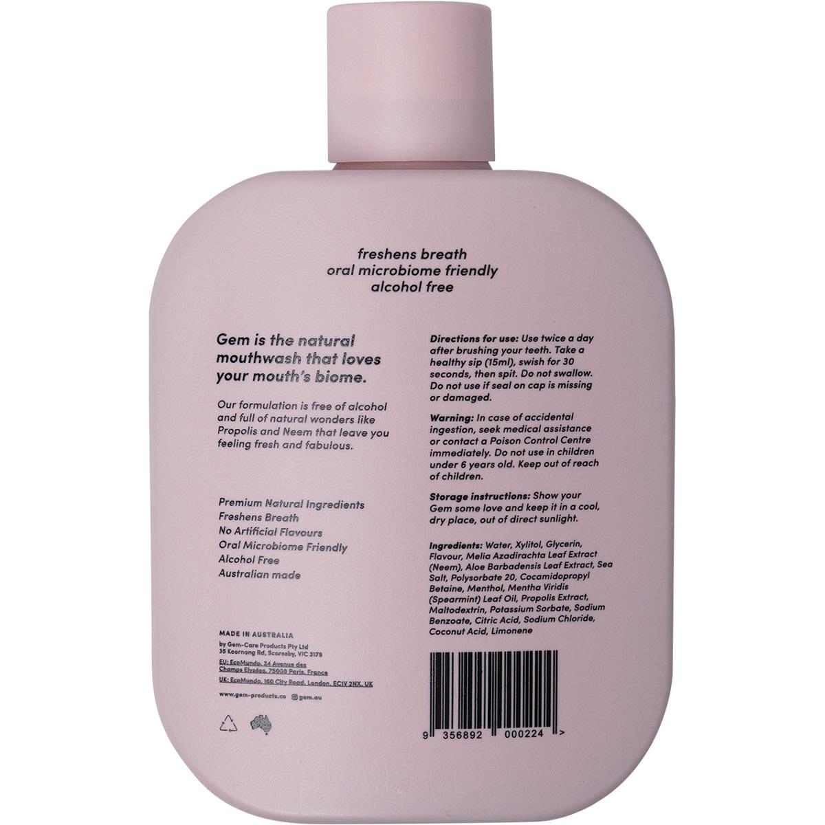 GEM Mouthwash - Premium Natural Coconut Mint 500ml GEM