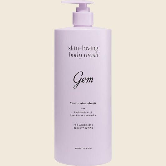 Body wash bottle labeled 'Gem' on a light beige background