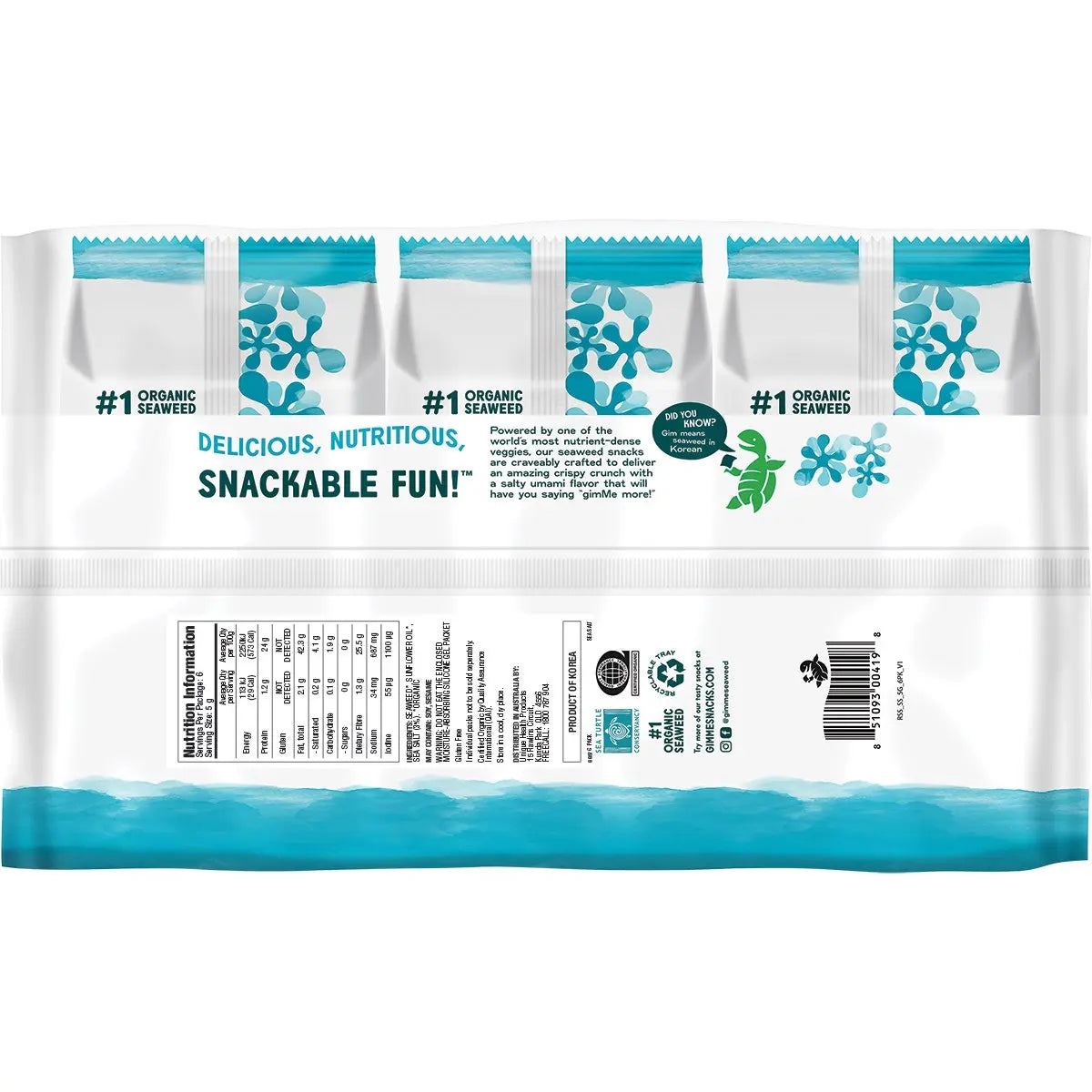 GIMME Roasted Seaweed Snacks Sea Salt - 6 Pack 6x5g GIMME