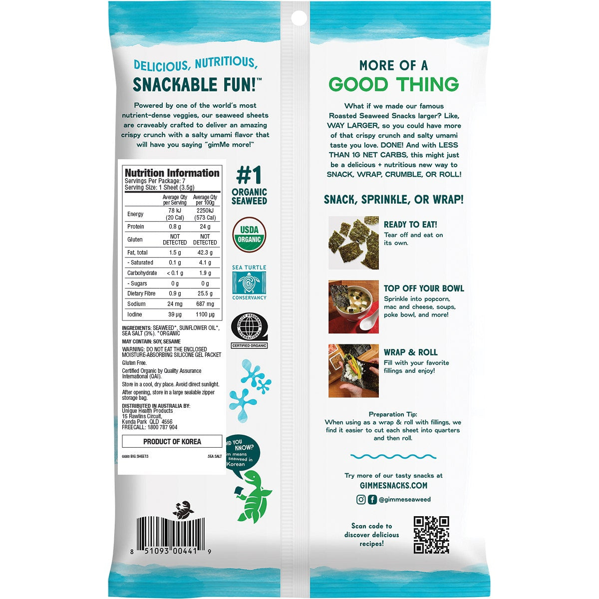 GIMME Roasted Seaweed Big Sheets Sea Salt (7 Sheets) 26g - Cutprice Online