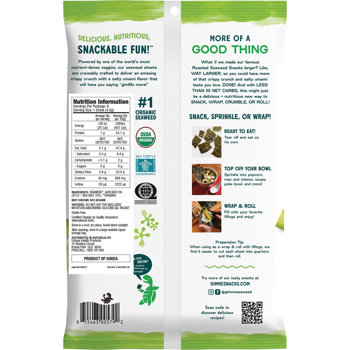 GimMe Roasted Seaweed Big Sheets Sea Salt&Avocado Oil 7 Sheets 26g - Cutprice Online