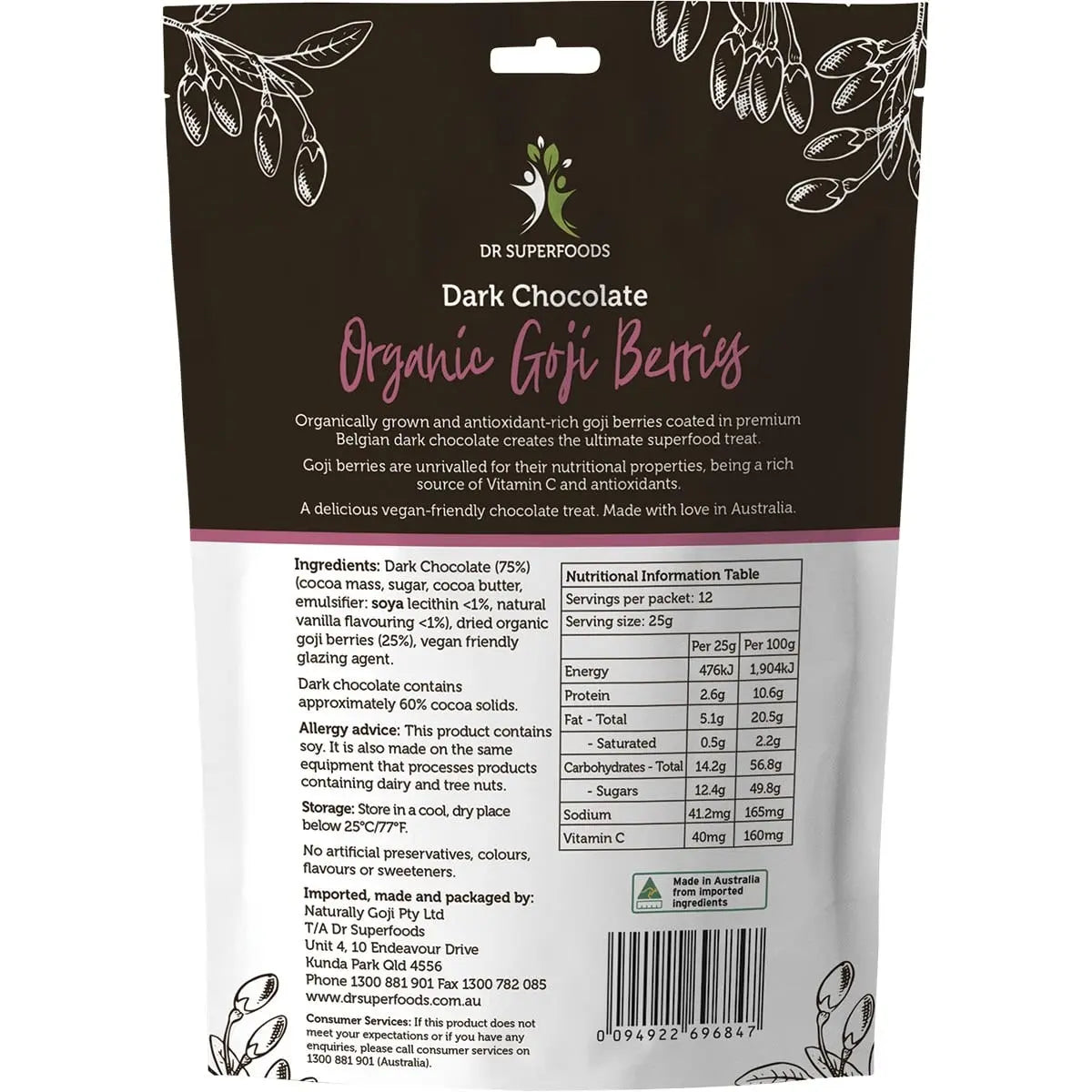 DR SUPERFOODS Goji Berries Organic - Dark Chocolate 300g DR SUPERFOODS