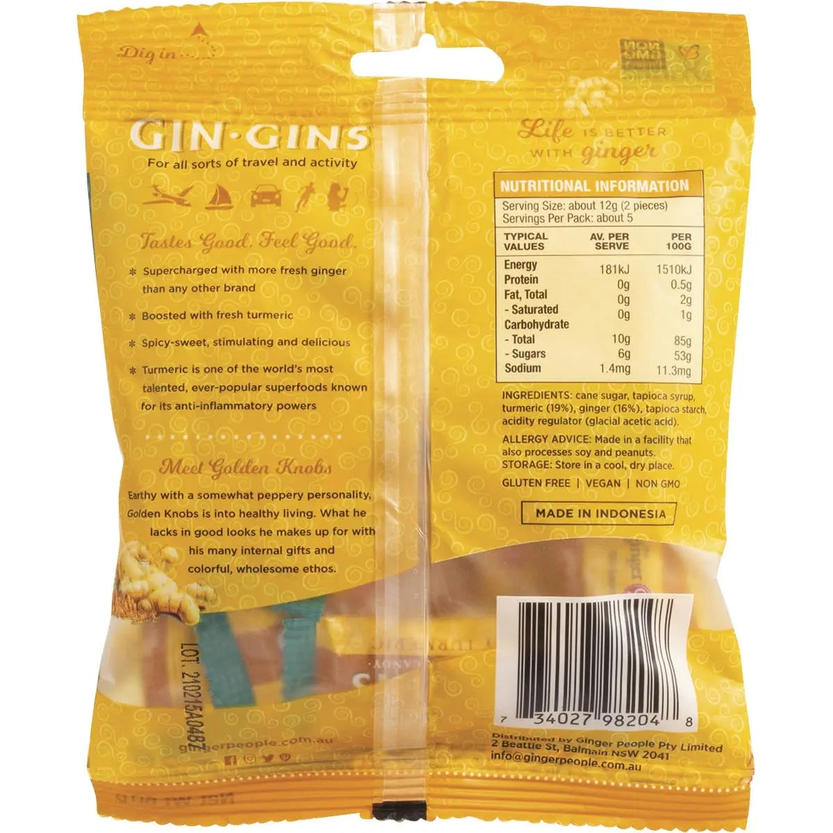 THE GINGER PEOPLE Gin Gins Ginger Candy Bag Chewy - Spicy Turmeric 12x 60g THE GINGER PEOPLE