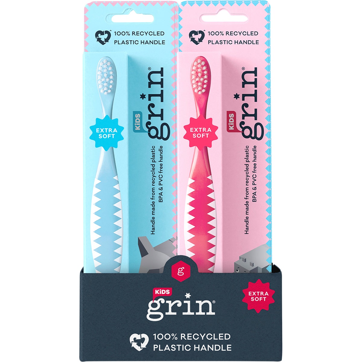 GRIN 100% Recycled Toothbrush Kids Extra Soft Pink, Blue(Pack of 8) - Cutprice Online