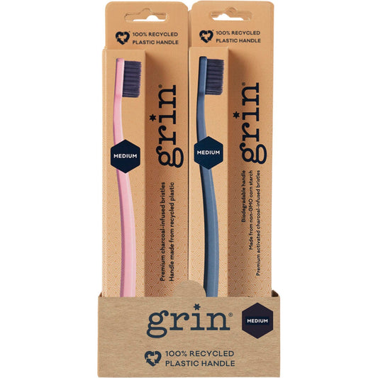 GRIN 100% Recycled Toothbrush Medium Pink, Charcoal x8 - Cutprice Online
