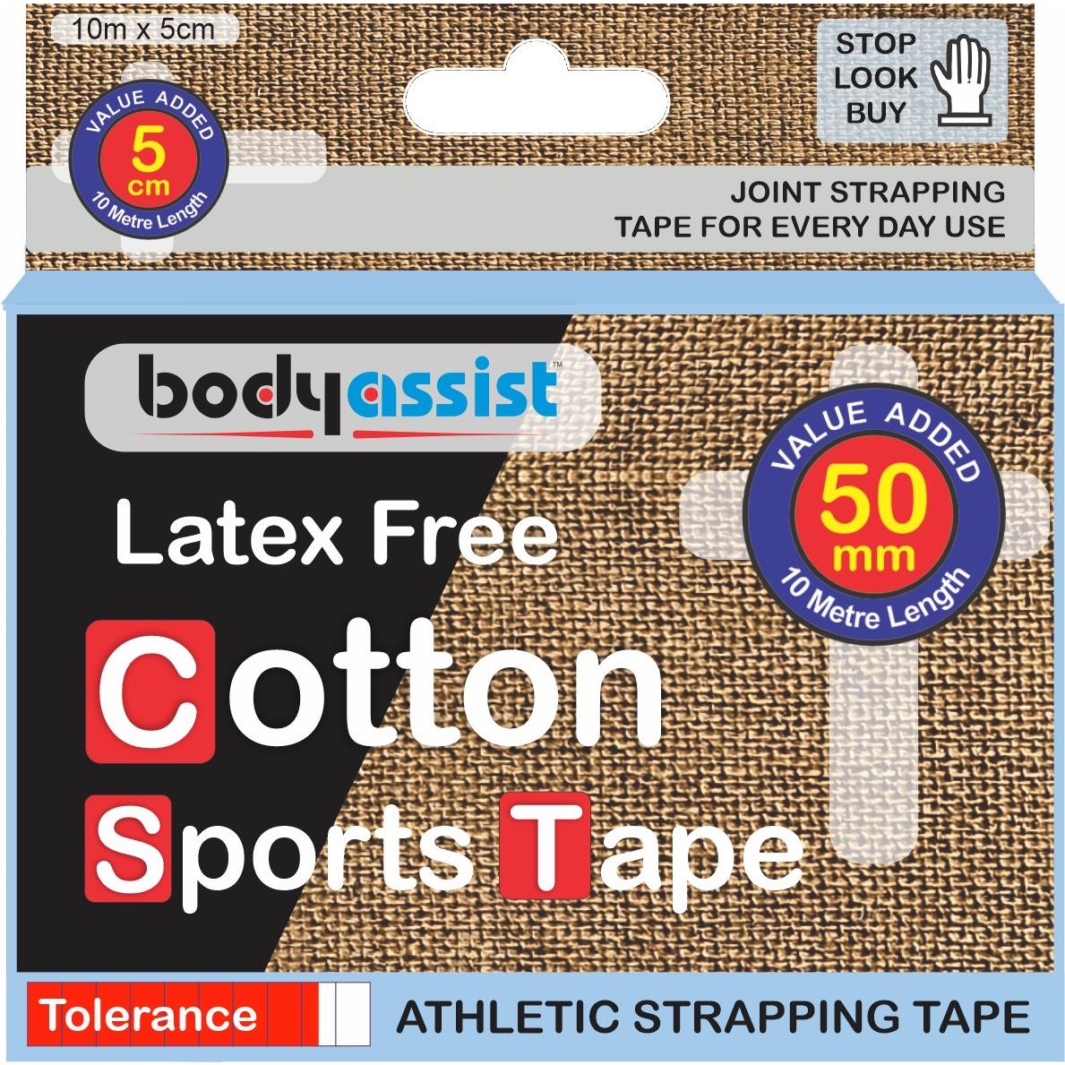 Bodyassist Cotton Sports Strapping Tape - 1 Roll - 50mm Flesh 10m