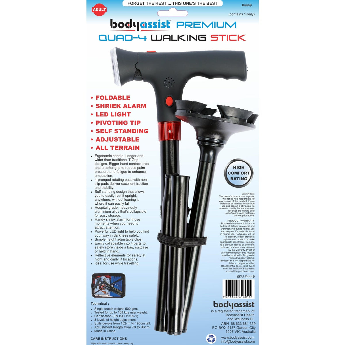 Bodyassist Premium Quad-4 Walking Stick Adult