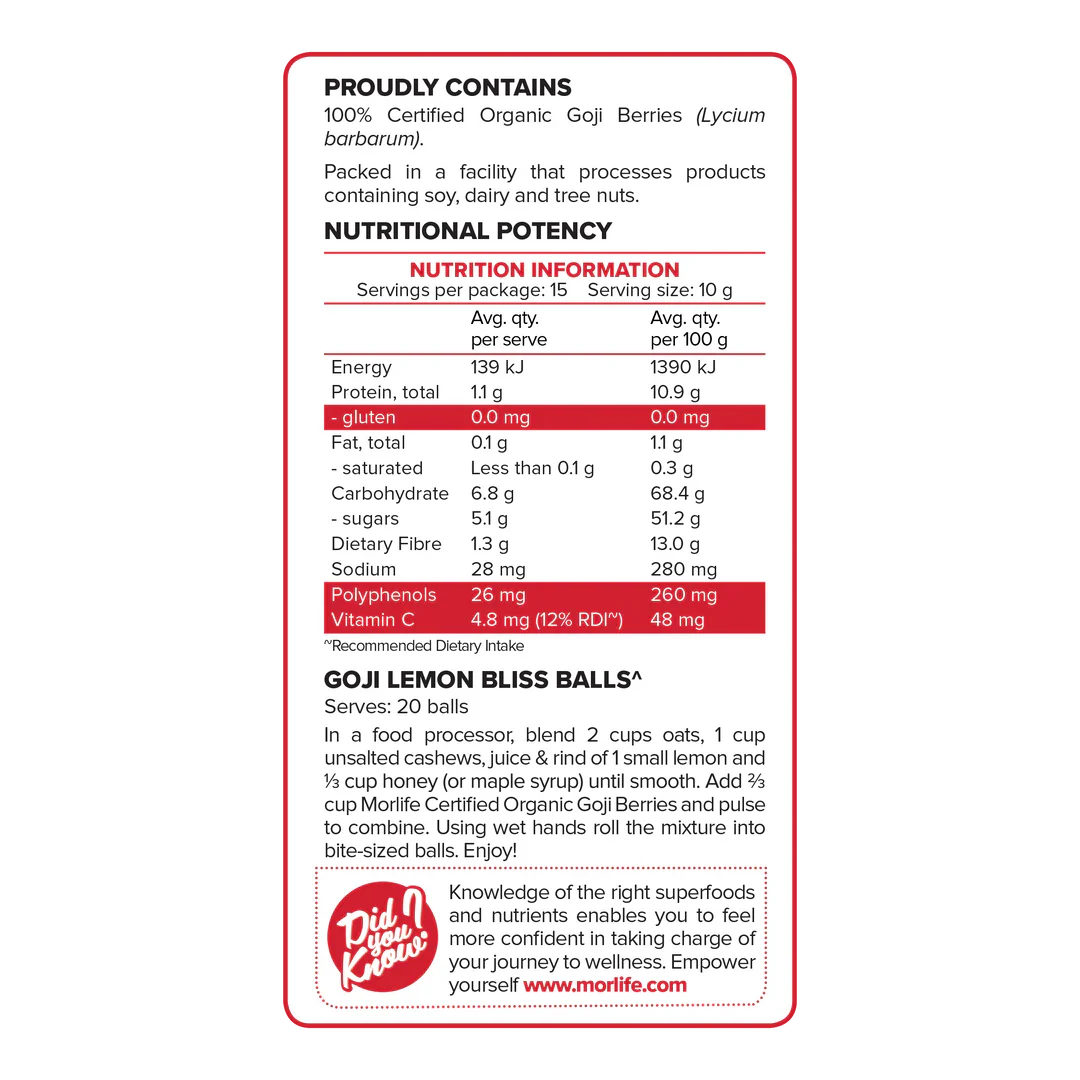 Morlife Organic Dried Goji Berries 150GM - Cutprice Online