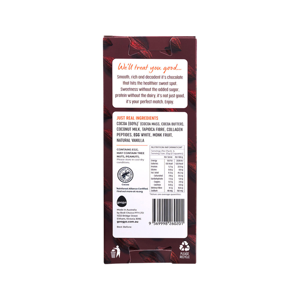 Googys Good + Choc Collagen + Egg Protein Chocolate Dark 100g(Pack of 10) - Cutprice Online
