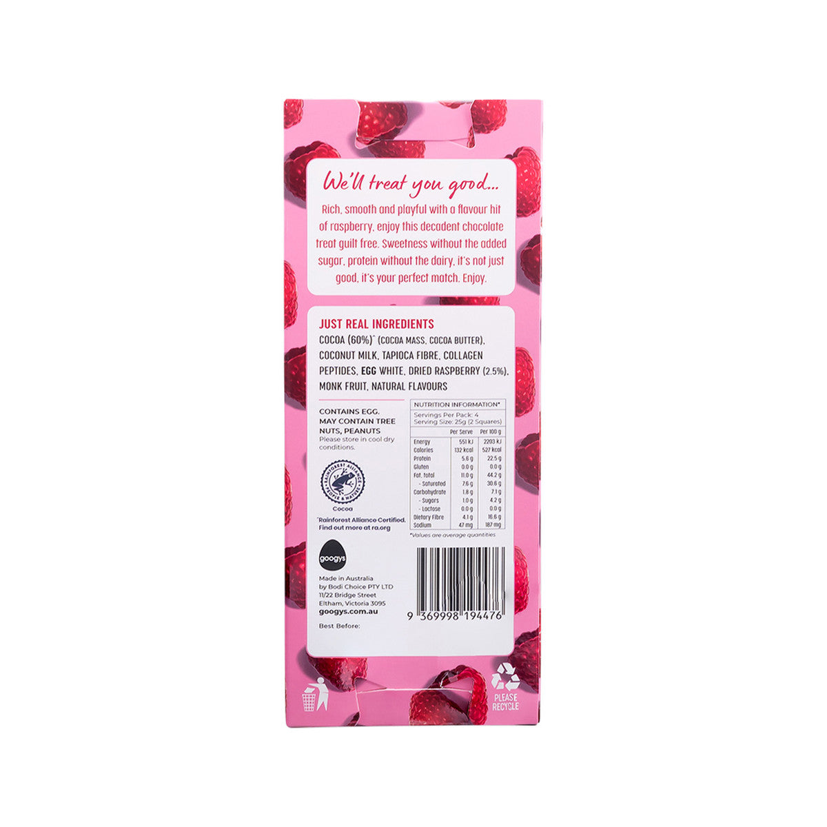 Googys Good + Choc Collagen + Egg Protein Chocolate Dark Raspberry 100g(Pack of 10) - Cutprice Online