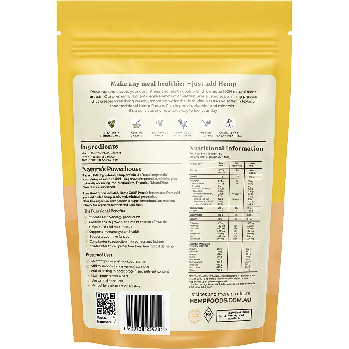 ESSENTIAL HEMP Organic Hemp Gold Protein Contains Omega 3, 6 & 9 450g ESSENTIAL HEMP