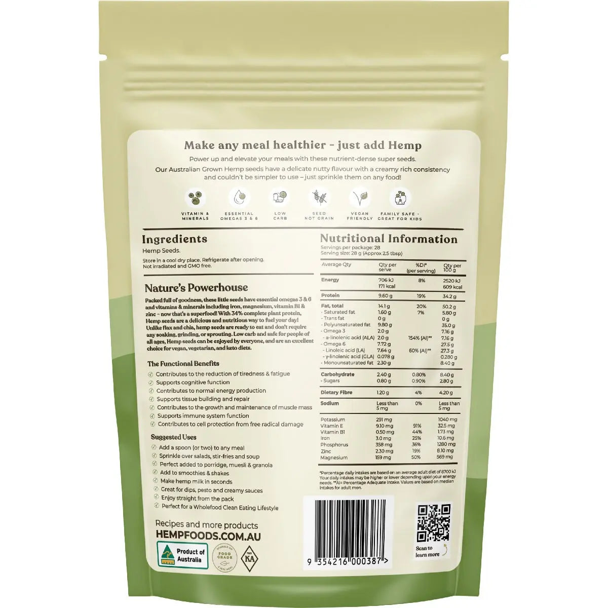 ESSENTIAL HEMP Australian Hemp Seeds Hulled 800g ESSENTIAL HEMP