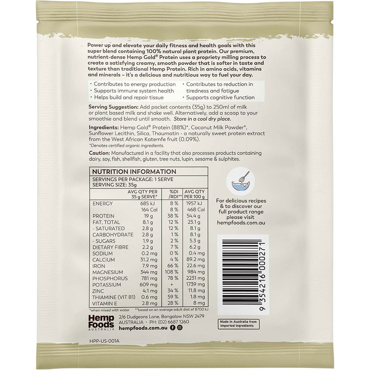 HEMP FOODS AUSTRALIA Organic Hemp Protein Natural 7x35g - Cutprice Online