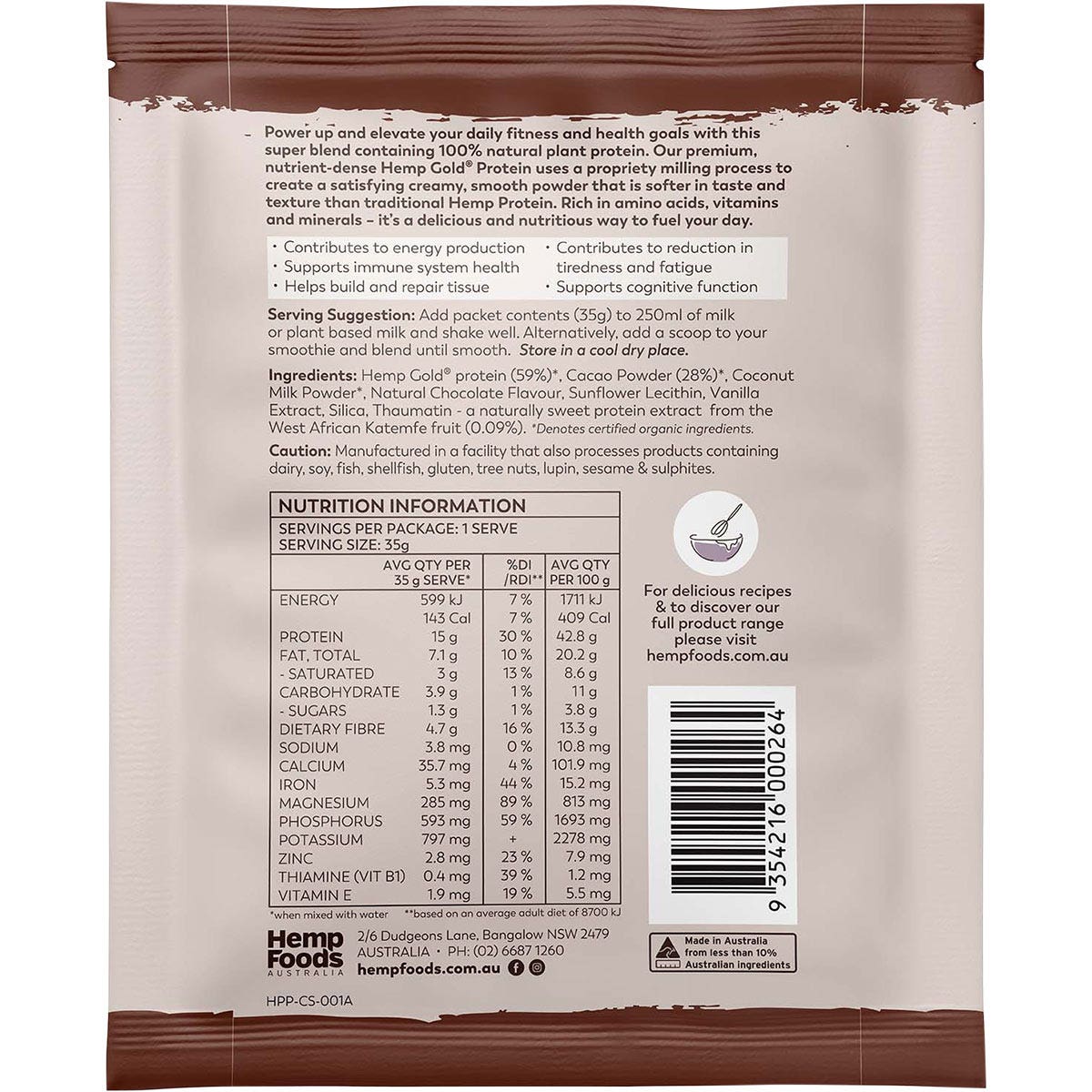 HEMP FOODS AUSTRALIA Organic Hemp Protein Chocolate 7x35g - Cutprice Online