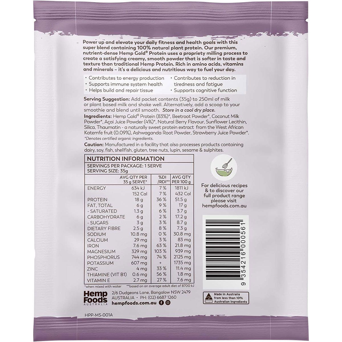 HEMP FOODS AUSTRALIA Organic Hemp Protein Mixed Berry & Acai 7x35g - Cutprice Online