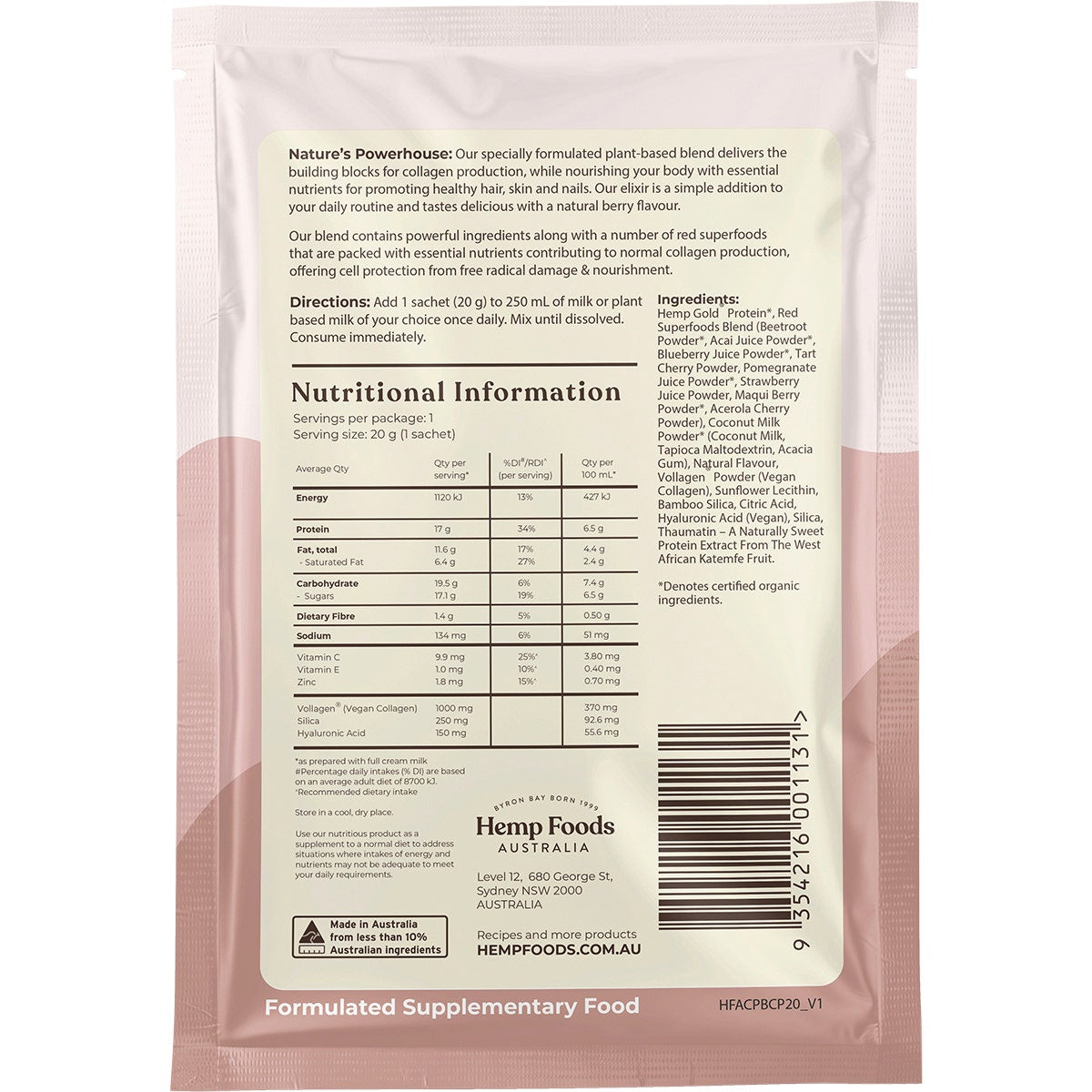 Hemp Foods Australia Plant-Based Collagen+ Berry 7x20g - Cutprice Online