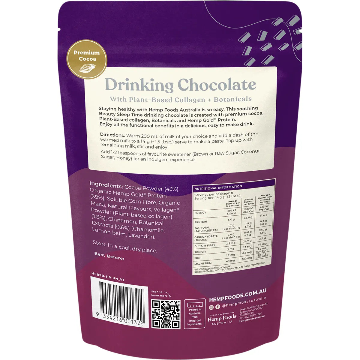 HEMP FOODS AUSTRALIA Drinking Chocolate Beauty Sleep Time 112g - Cutprice Online