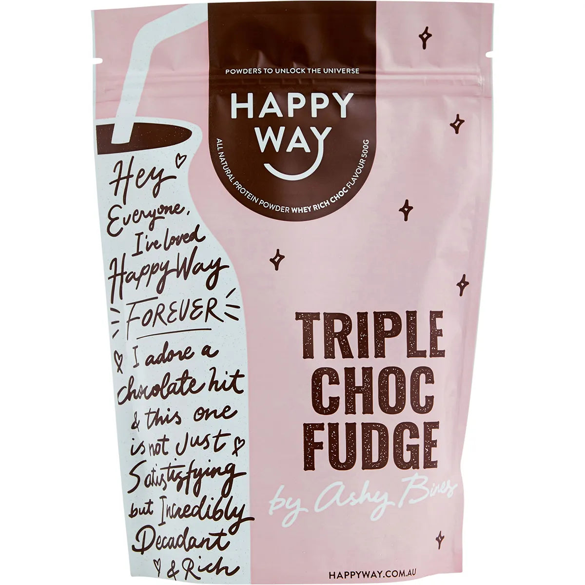 HAPPY WAY Ashy Bines Whey Protein Powder Triple Choc Fudge 500g - Cutprice Online