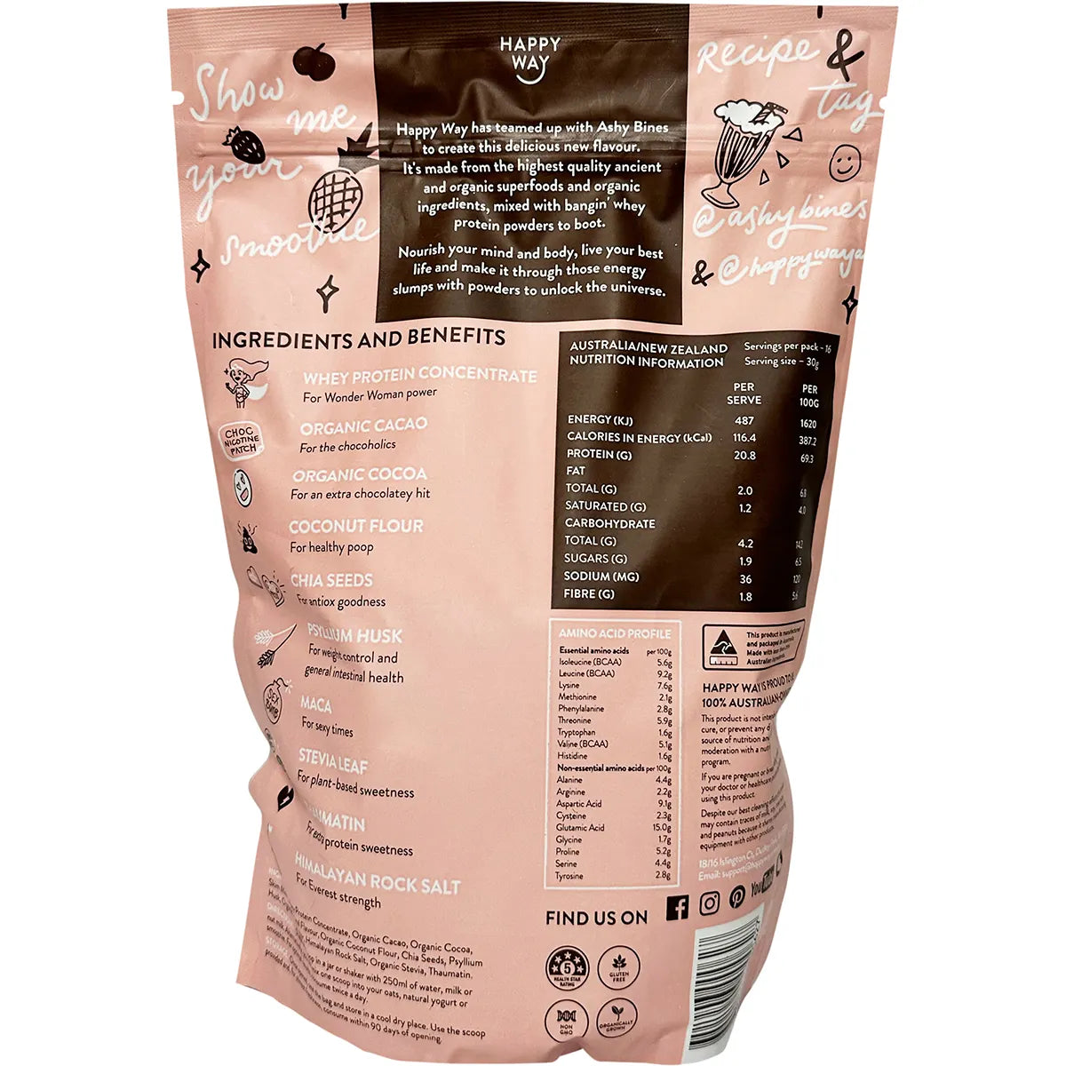 HAPPY WAY Ashy Bines Whey Protein Powder Triple Choc Fudge 500g - Cutprice Online