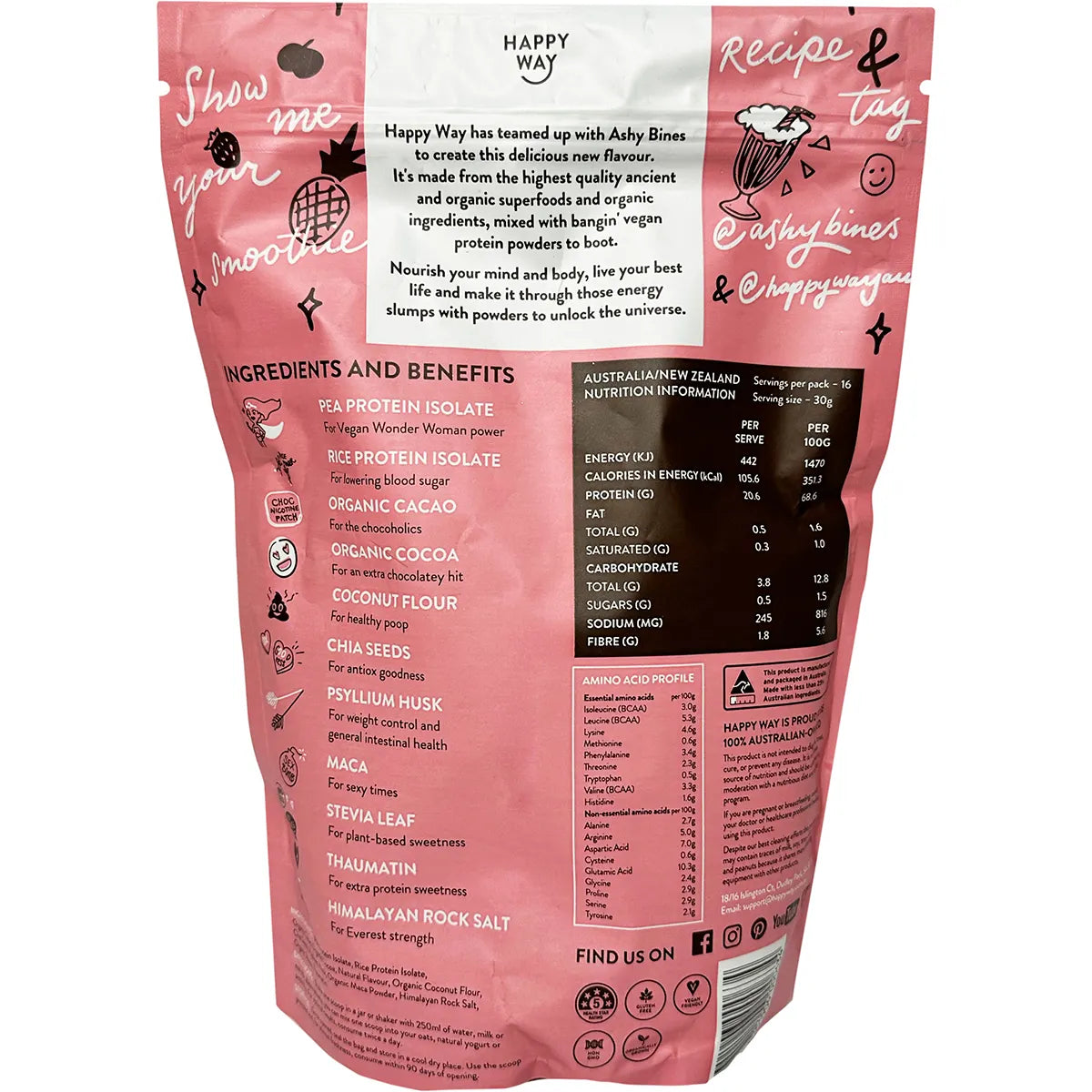 HAPPY WAY Ashy Bines Vegan Protein Powder Triple Choc Fudge 500g - Cutprice Online
